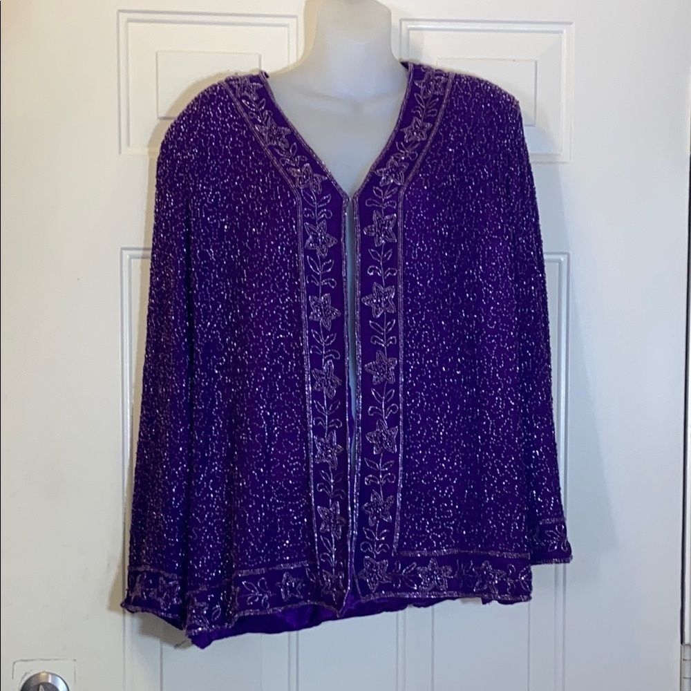 VTG,KRISHMA Purple Beaded Cape with Floral Embroidery Sequins Size 1X